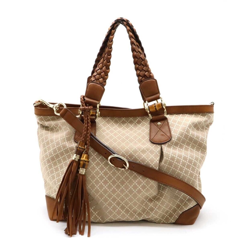 Gucci Diamante Bamboo Tote Bag Woven Shoulder Rose Pink Beige Cream
